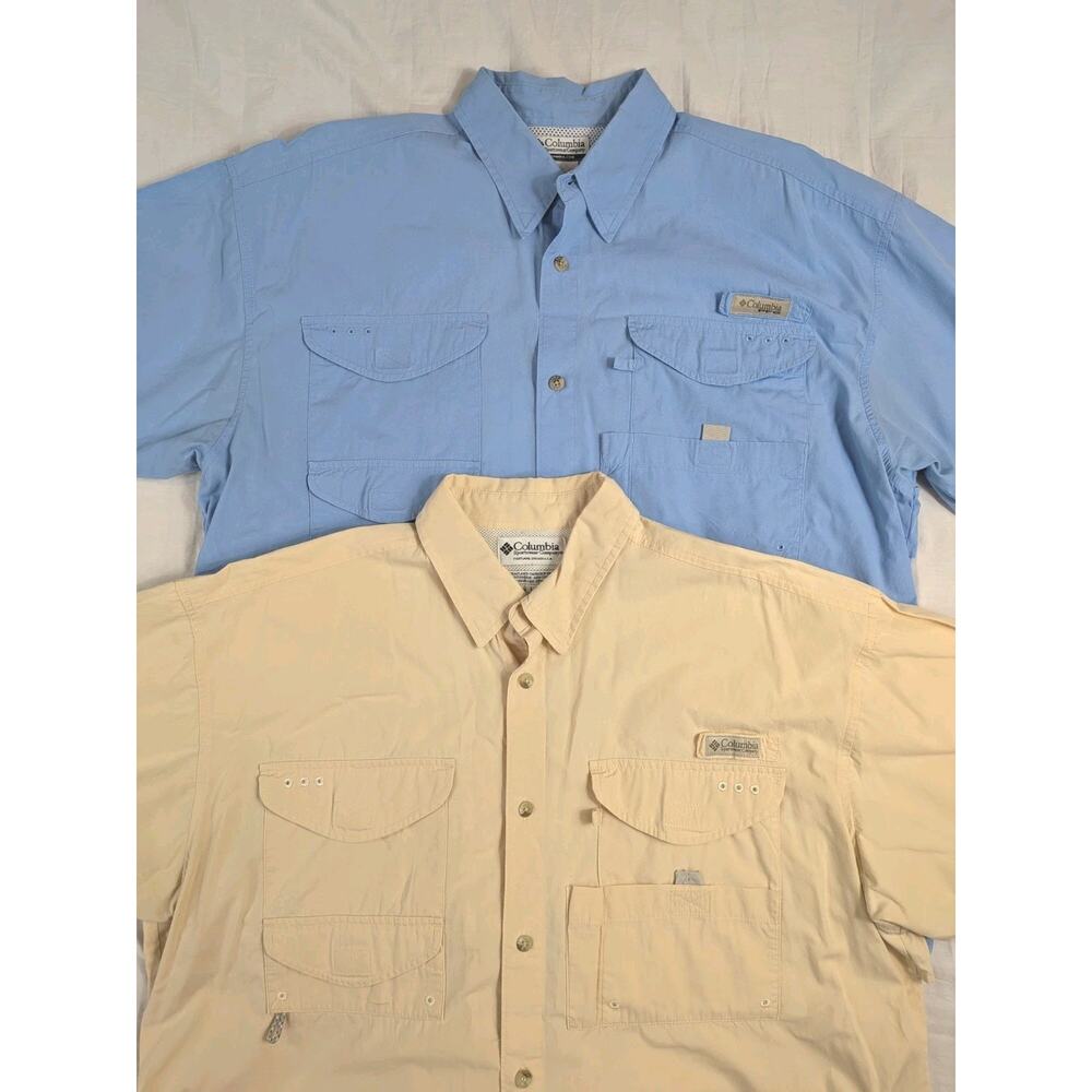Lot Of 2 Columbia PFG Fishing Shirts Mens Large Blue Yellow Short & Long Sleeve